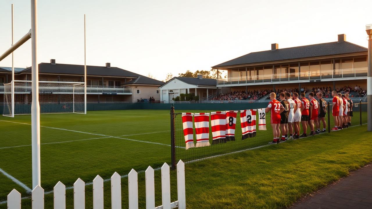 A suburban football ground on match day with goal posts, team scarves on a fence and numbered jumpers on a line