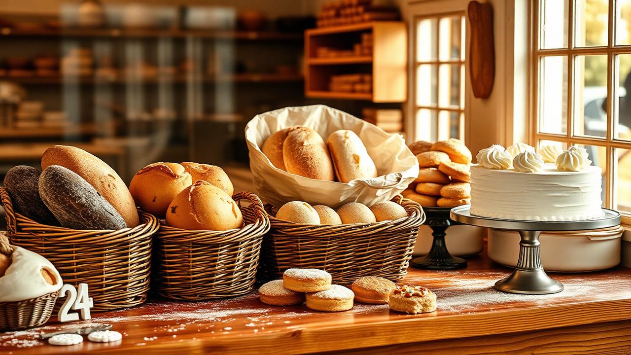 A traditional bakery window with crusty loaves, lamingtons, vanilla slices and a decorated sponge cake