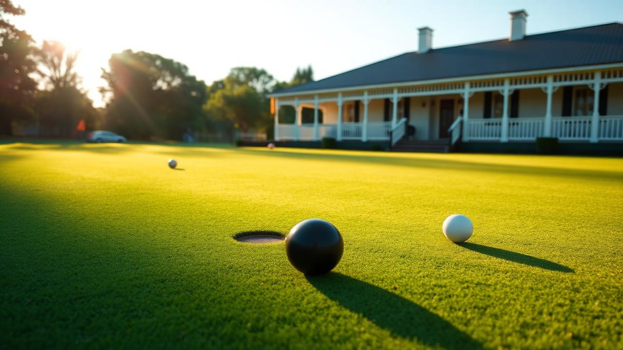 A manicured lawn bowls green in afternoon light with black bowls, a white jack and a club pavilion behind