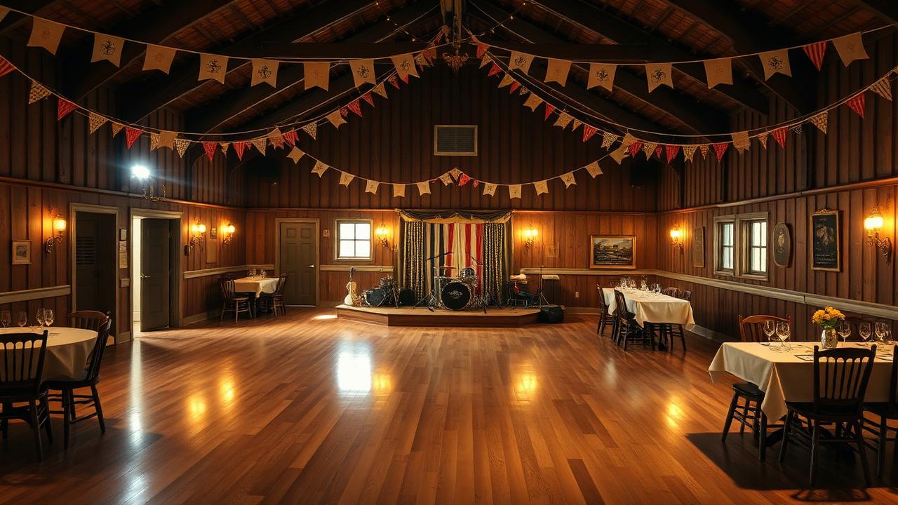 A country dance hall with a polished timber floor, bunting, a bandstand and couples dancing under warm lights
