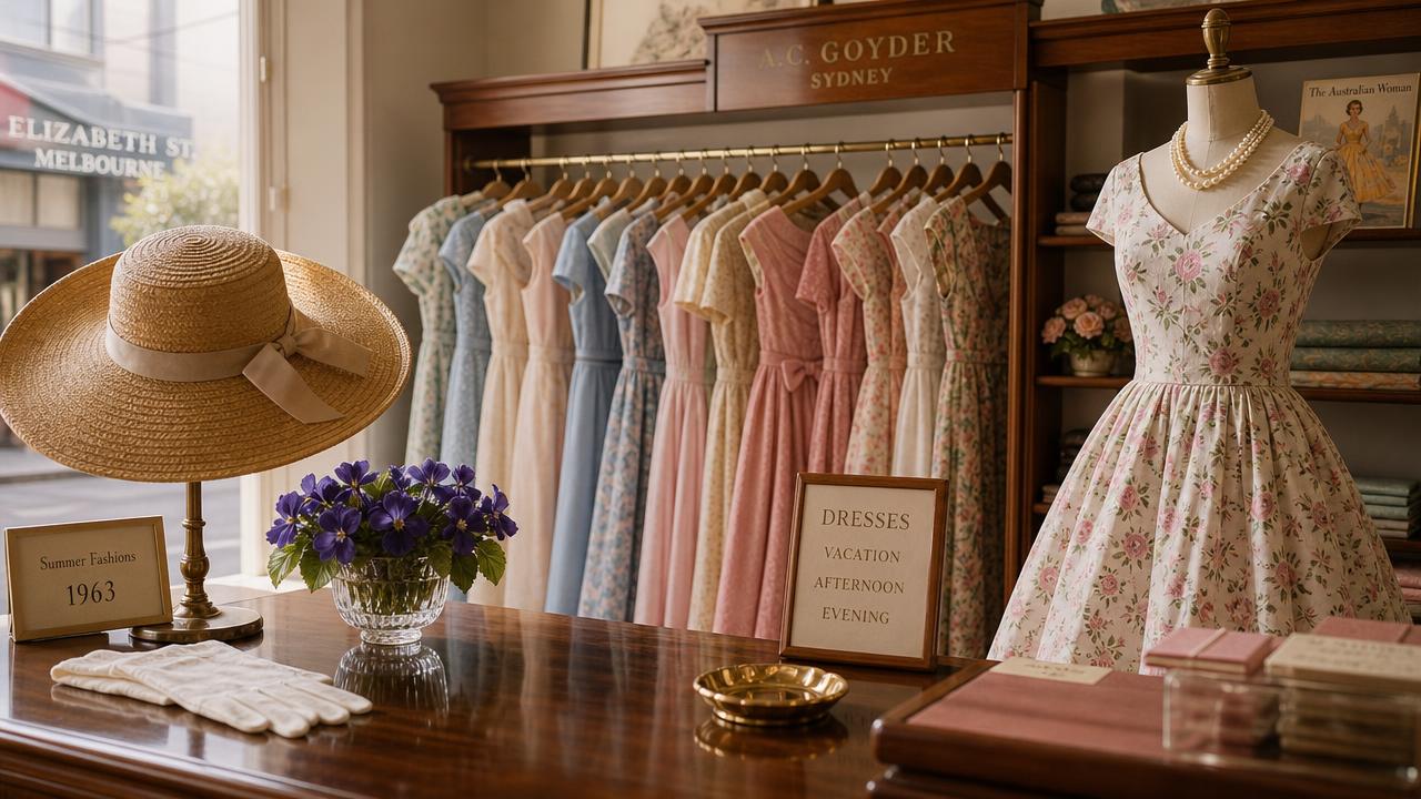 A vintage department store clothing counter with hat boxes, folded knitwear, shoe boxes and a dressed mannequin