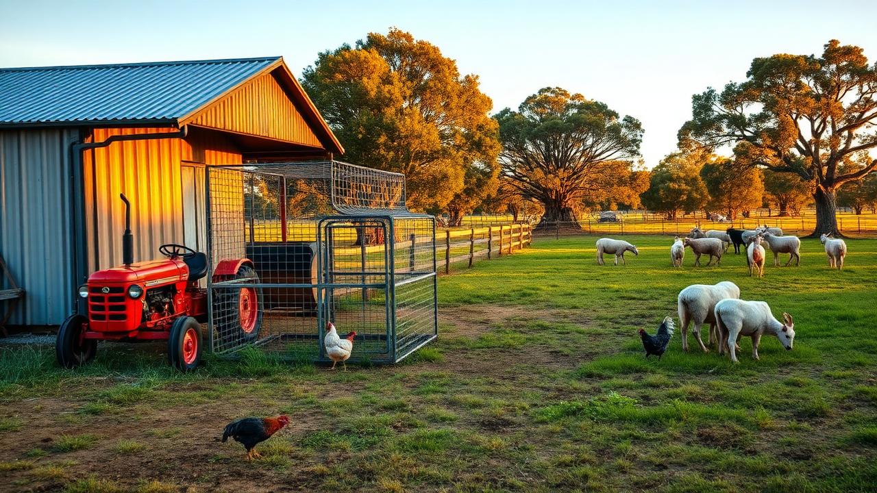 An Australian farmyard at dawn with a corrugated iron shed, chooks, a tractor and sheep in the home paddock