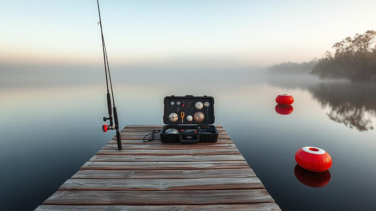 A quiet Australian estuary at first light with a wooden jetty, fishing rods, a tackle box and a red float on the water