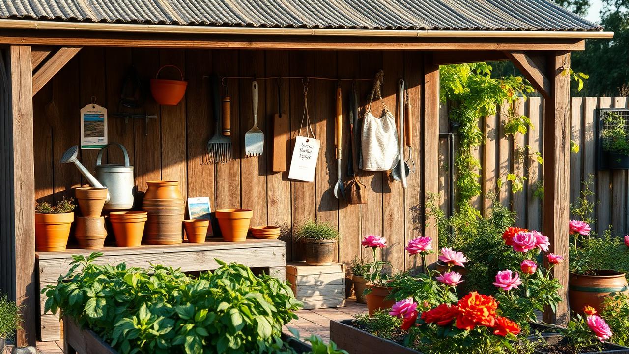 A weathered garden shed with terracotta pots, seed packets, a watering can and raised vegetable beds