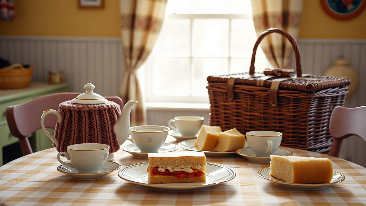 A homely kitchen table set with a teapot, cups, a plate of sandwiches and a picnic basket