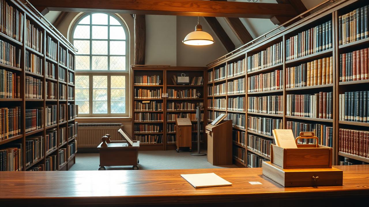 A warm country library with timber shelves, a returns trolley and a date-stamp on the counter