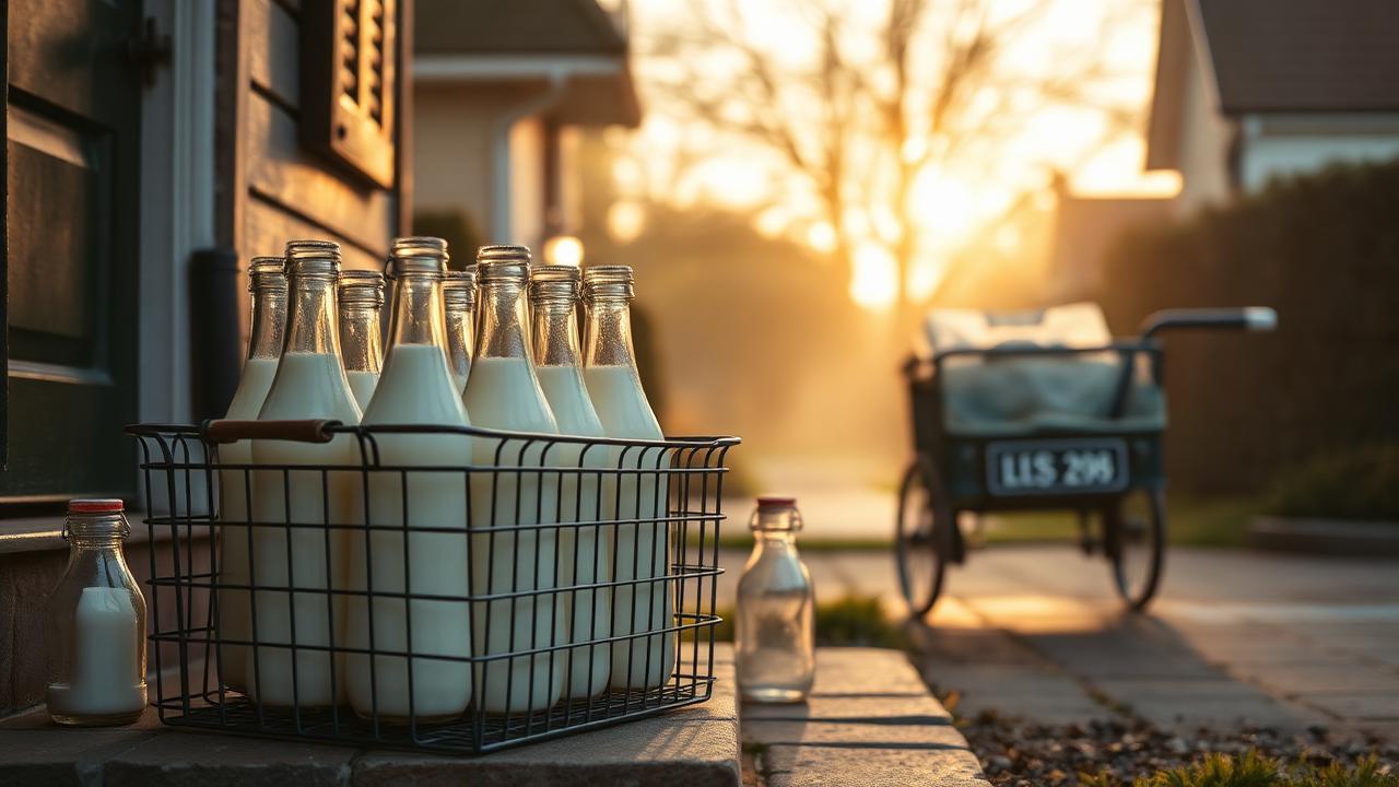 A dawn suburban street with a milk cart, crates of glass milk bottles and bottles on front doorsteps