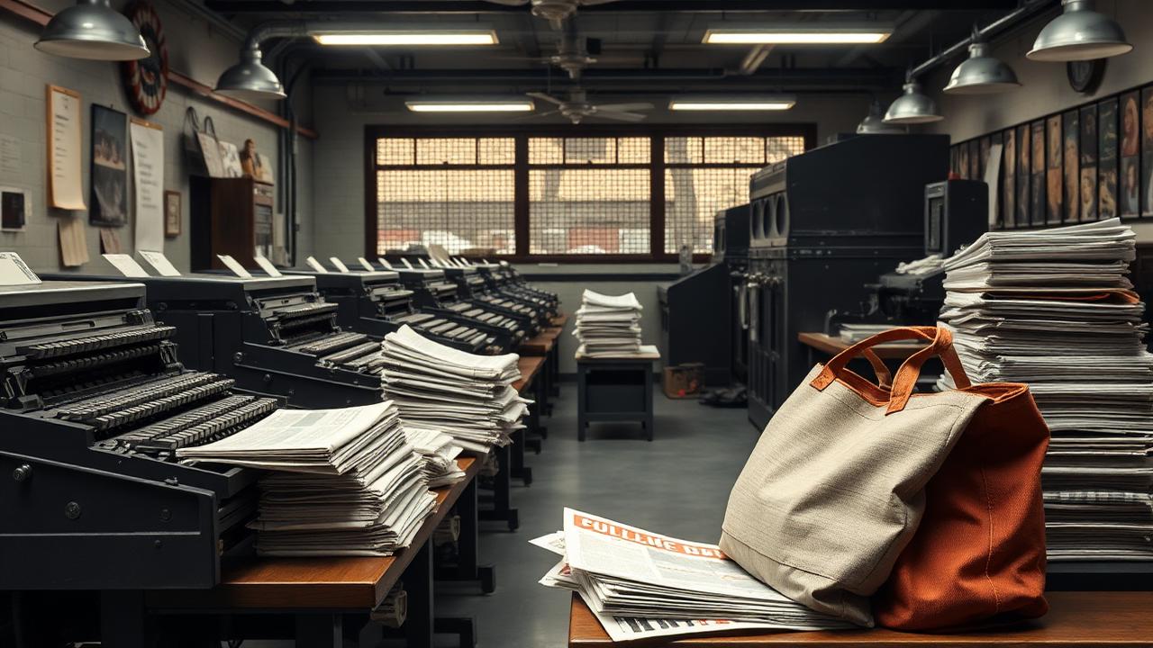 A vintage newspaper office with a compositor's bench, headline blocks, photographs and stacks of folded papers