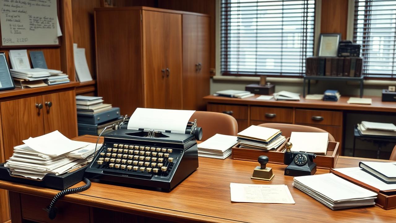 A vintage office with a manual typewriter, black telephone, timber filing cabinets and a desk diary