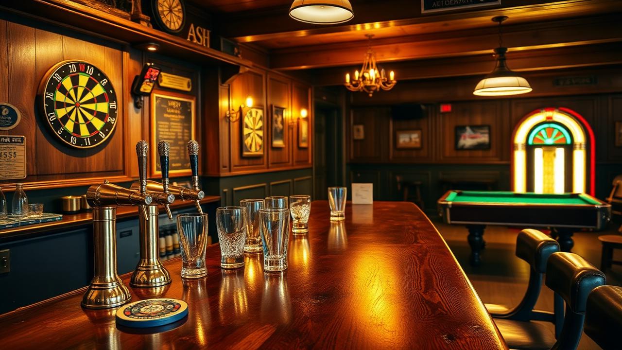 A traditional Australian pub lounge with a timber bar, beer taps, a dartboard, jukebox and billiard table