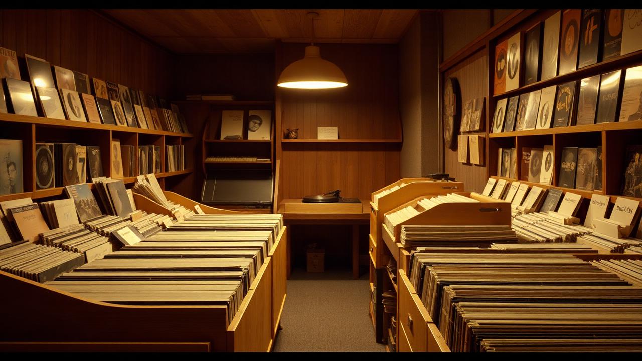 A vintage record shop with browsing racks of LPs, a turntable behind the counter and listening booth