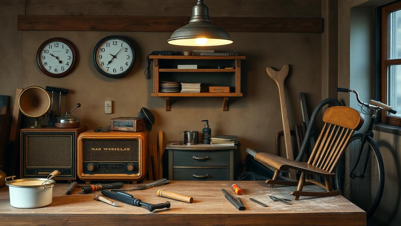 A cluttered home workshop bench with a mantel clock, valve radio, wooden chair and bicycle wheel