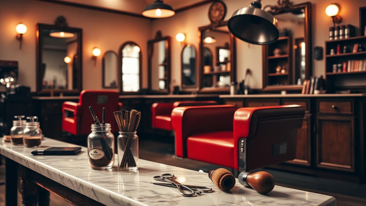 A vintage hair salon with hooded dryers, rollers and combs, beside a barber's chair with razor strop and striped pole