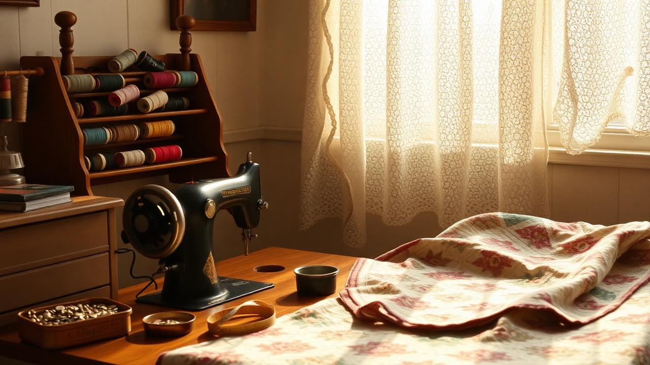 A sunlit sewing room with a treadle machine, spools of coloured thread, a button tin and a patchwork quilt