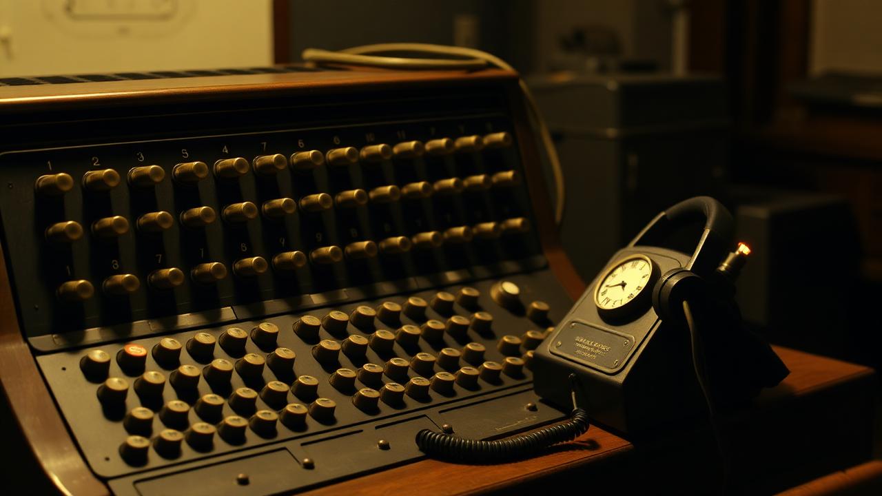 An old manual telephone switchboard with brass jacks, cloth-covered cords and a headset