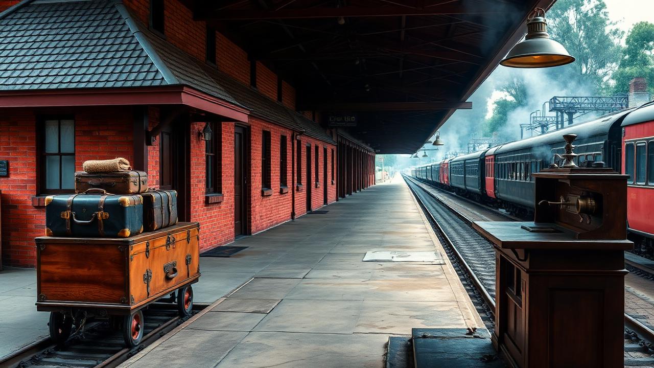 A country railway platform with a wooden departure board, luggage trolley, ticket punch and steam locomotive