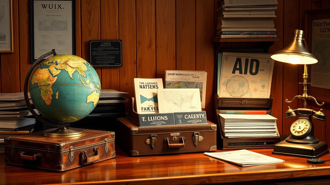 A vintage travel agency window with posters of beaches and mountains, a globe and an open suitcase