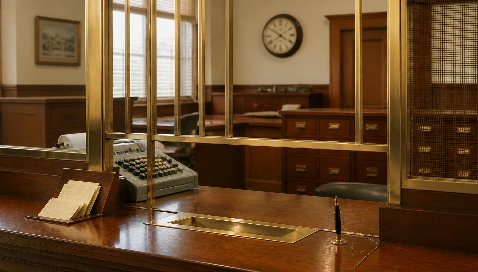 A traditional bank teller counter in polished timber with brass fittings and a wall clock