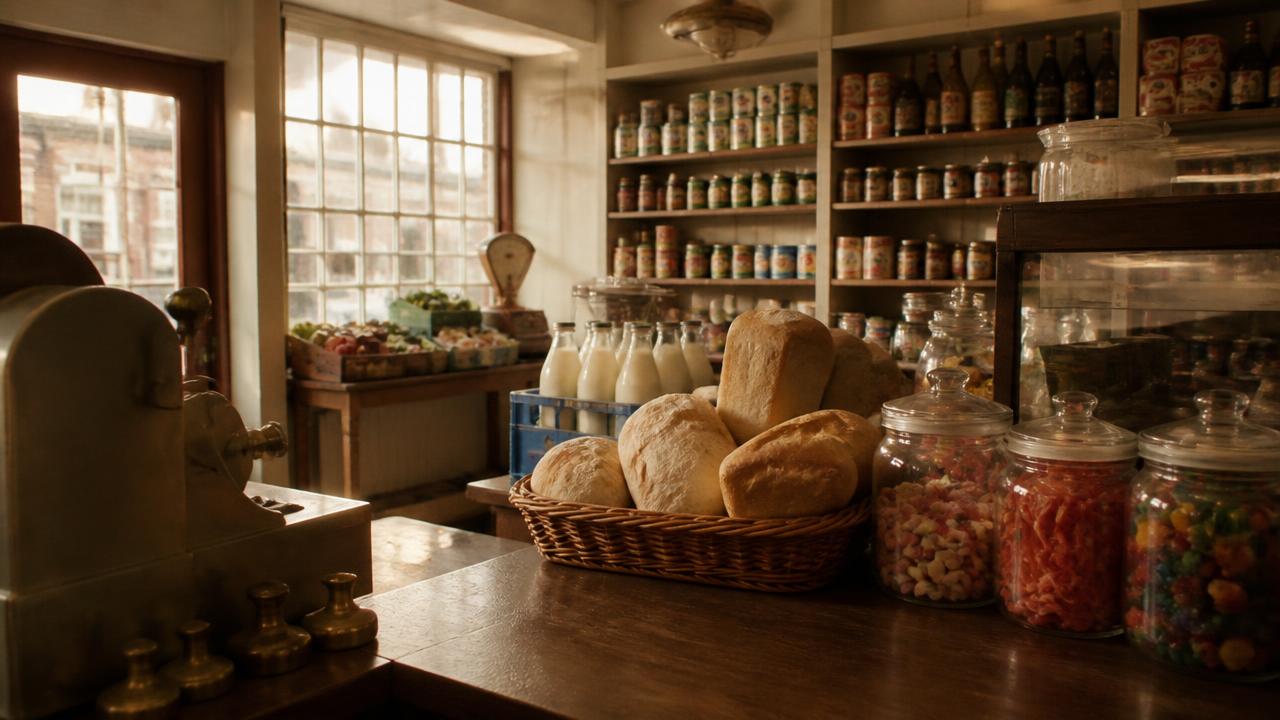 The wooden counter of a 1960s corner shop with a brass till and jars of sweets