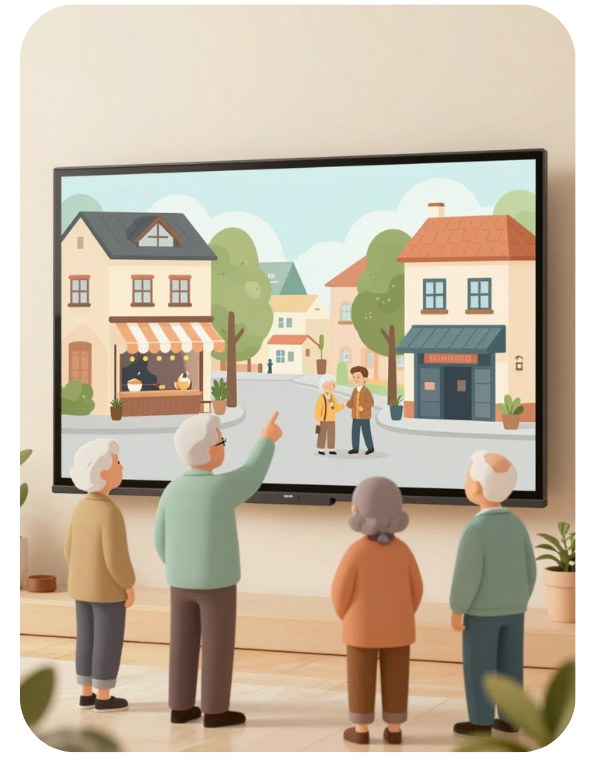 A group of residents watching the virtual village on a large screen