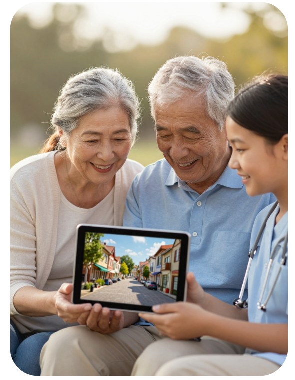 Two residents and a carer looking at a tablet together