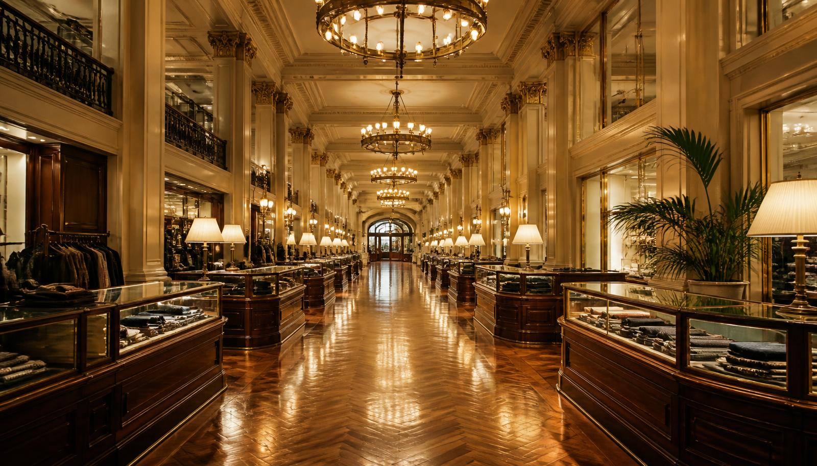 The main hall of Beaumont & Black, with polished wooden counters and warm chandeliers
