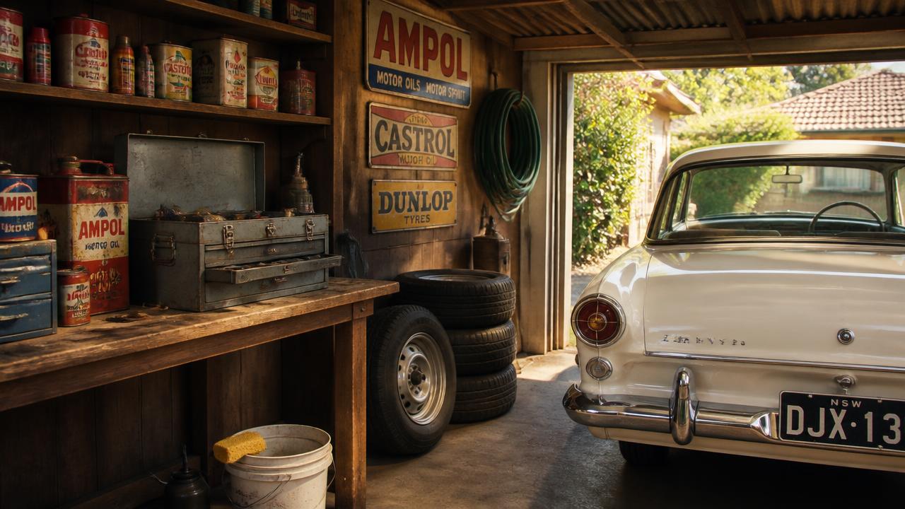 A 1960s home car shed with timber shelving, oil tins, a toolbox, spare tyres and a cream classic sedan