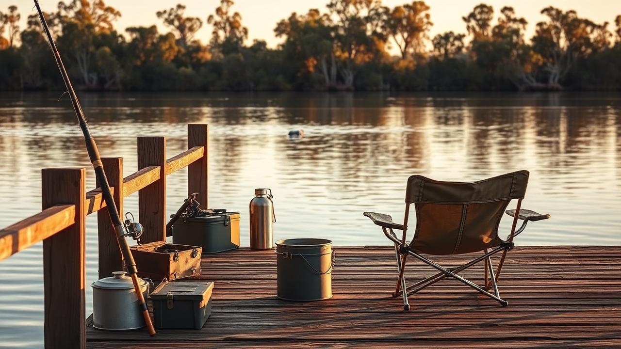 A peaceful Australian river jetty with a fishing rod, tackle box, bucket and folding chair at golden hour