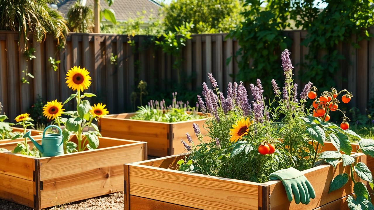 Three raised timber garden beds with sunflowers, lavender and ripe tomatoes