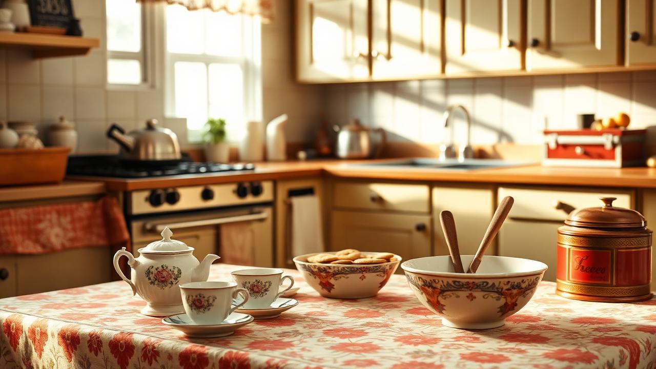A warm traditional home kitchen with a china teapot, kettle and mixing bowl on a patterned tablecloth