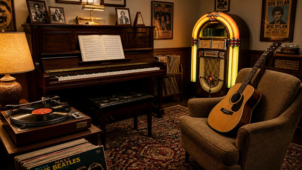 A nostalgic music room with an upright piano, a glowing jukebox, a record player and an acoustic guitar