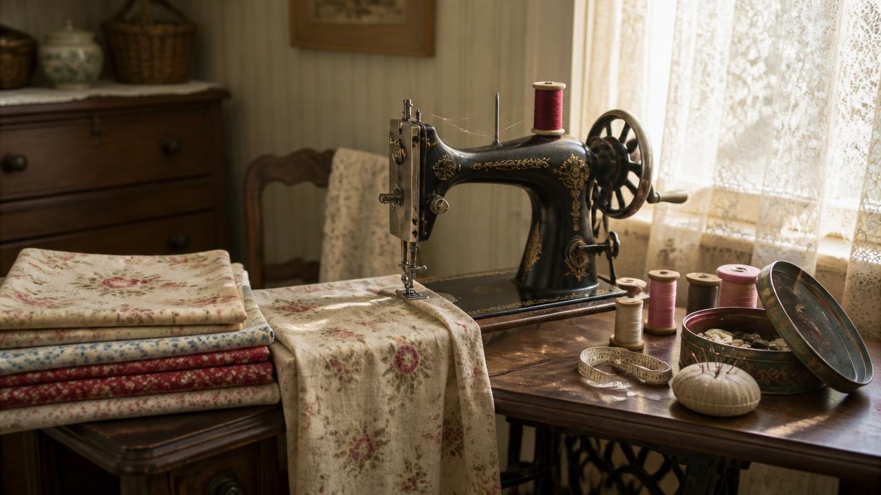 A sunlit sewing room with an old sewing machine, folded floral fabrics and spools of thread