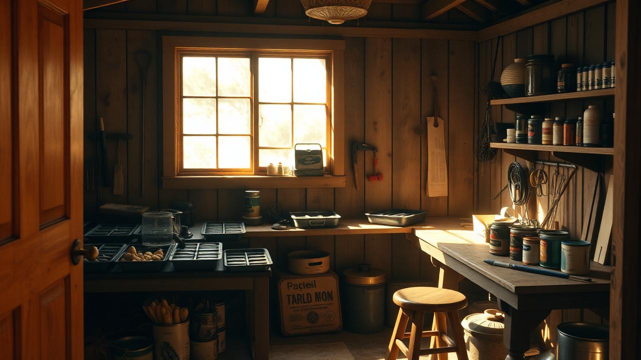 The inside of a timber hobby shed with a workbench, tools and seed trays