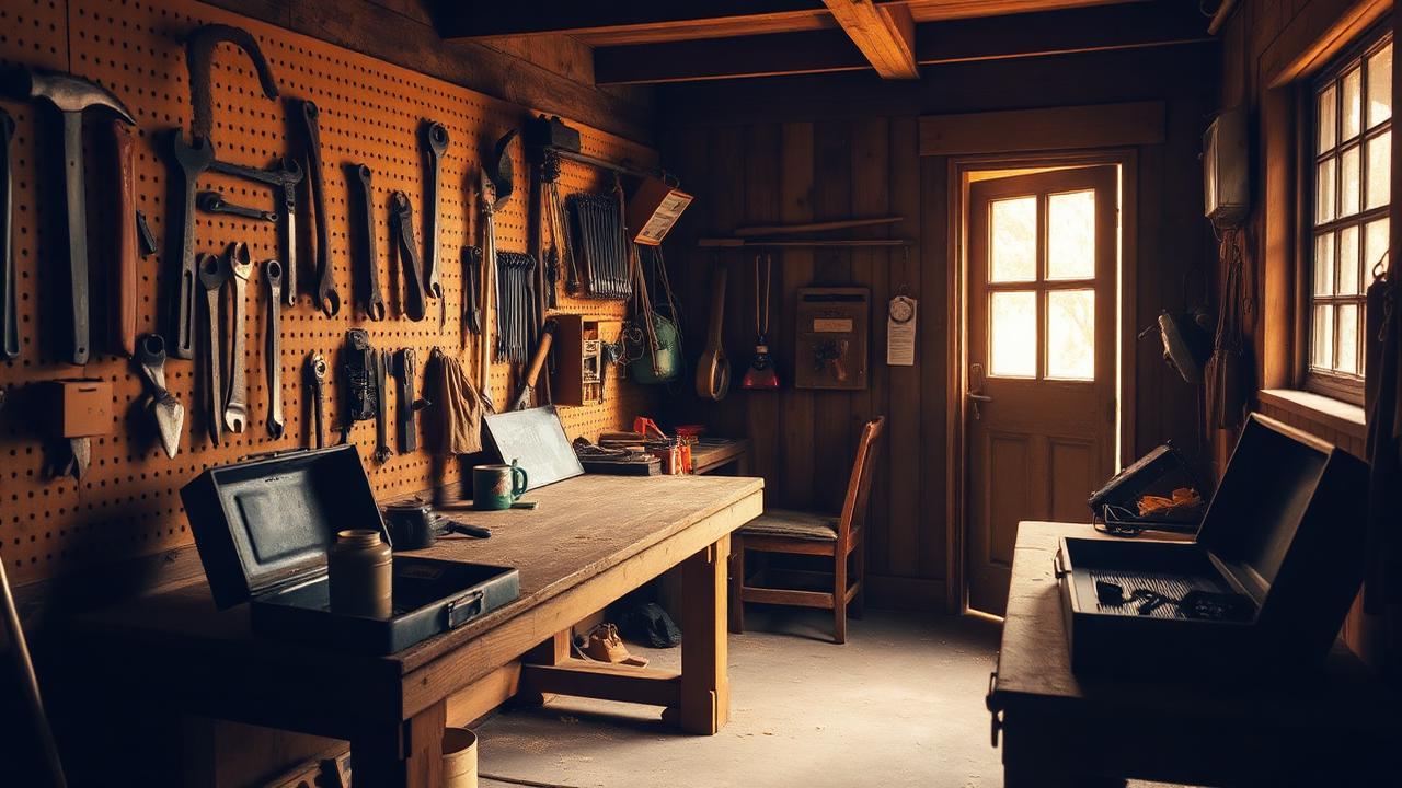 A traditional home workshop with a timber workbench, pegboard of hand tools and an open metal toolbox