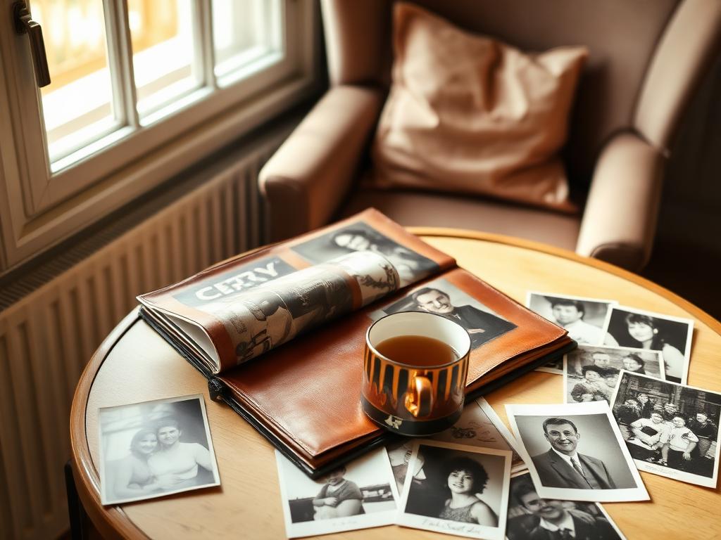 An open family photo album on a side table beside a cup of tea and loose photographs