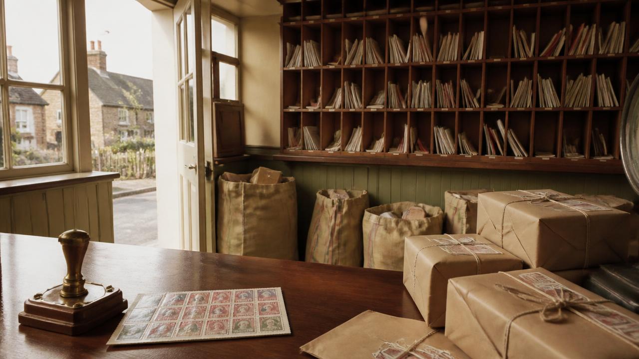 The sorting frame of a village post office with pigeonholes, mail sacks and parcels