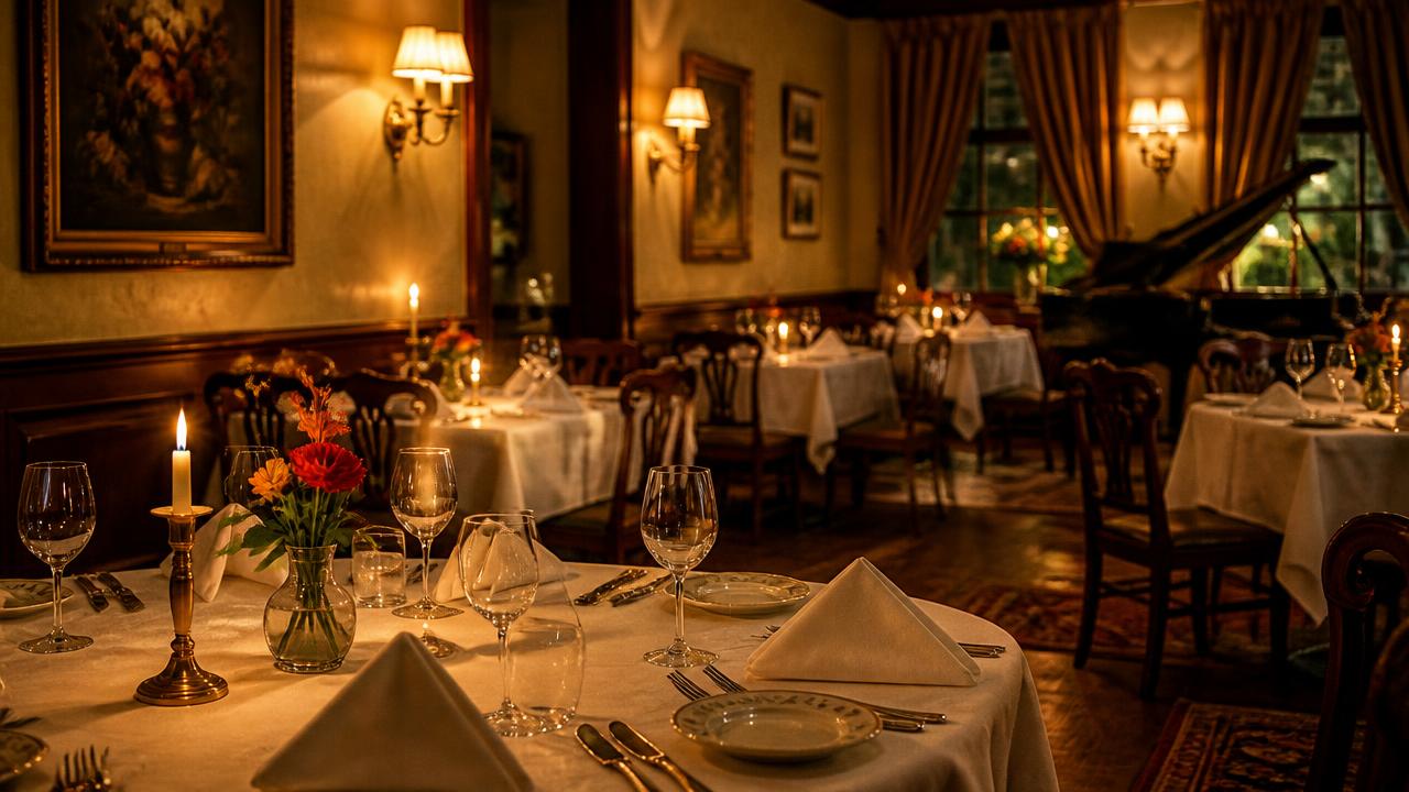 A warm restaurant dining room with white tablecloths, candles, flowers and a piano