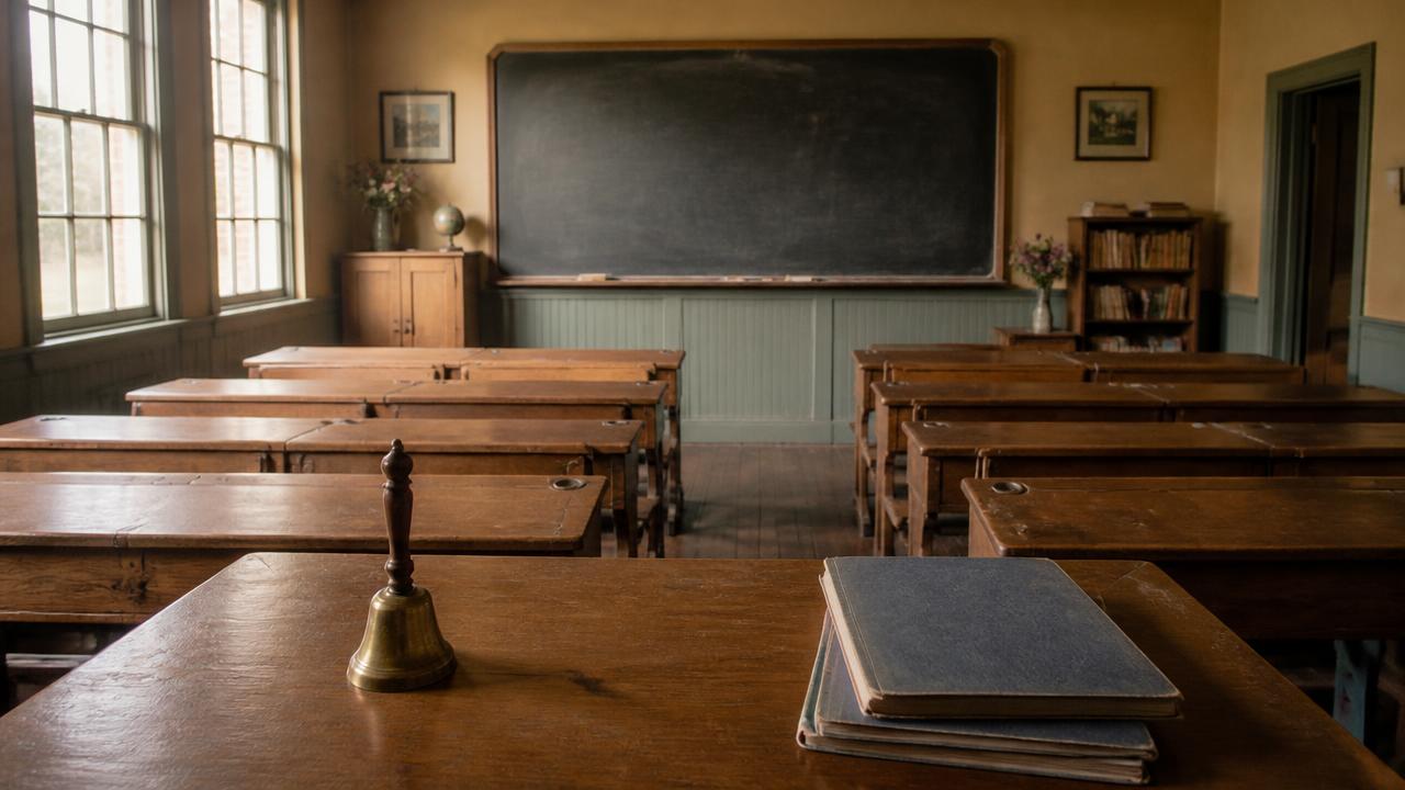 A 1960s classroom seen from the teacher's desk, with a slate blackboard and brass handbell
