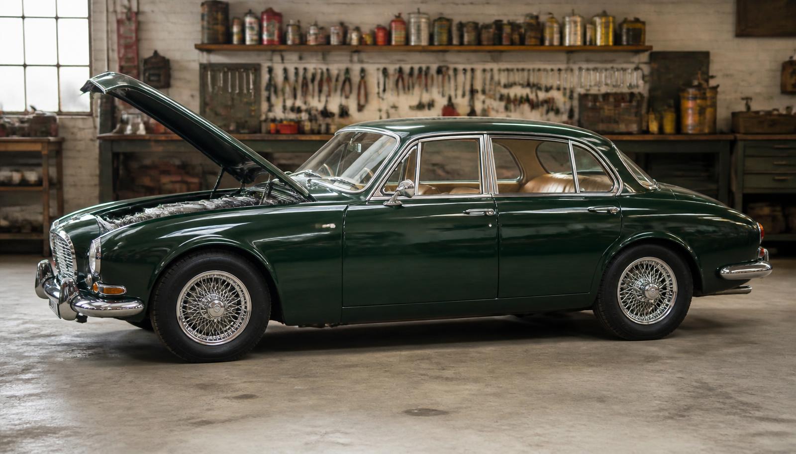 A classic car with its bonnet open in a vintage workshop